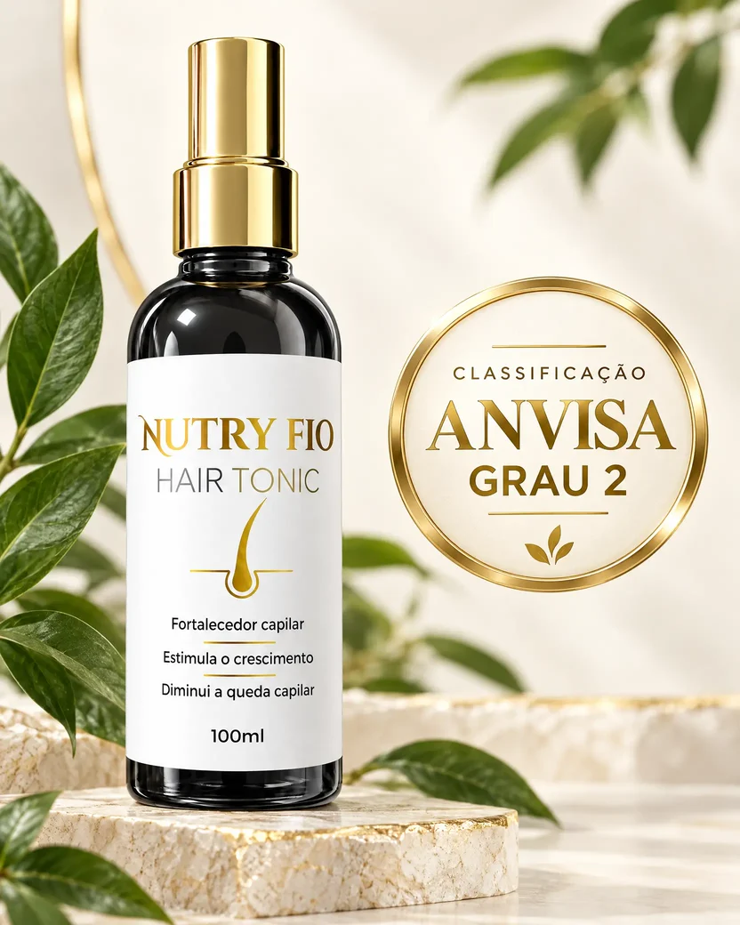Frasco do NutryFio Hair Tonic ao lado do selo dourado “Classificação Anvisa Grau 2”