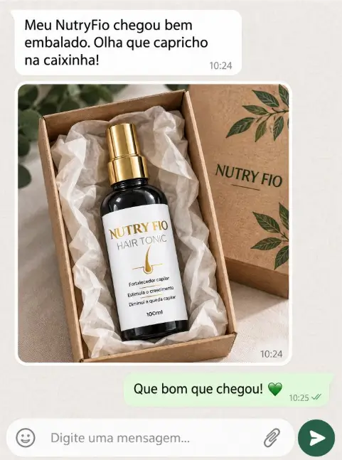 Conversa de cliente: “Meu NutryFio chegou bem embalado. Olha que capricho na caixinha!”, com foto do frasco na caixa
