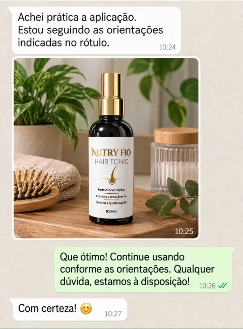 Conversa de cliente: “Achei prática a aplicação. Estou seguindo as orientações indicadas no rótulo.”, com foto do frasco