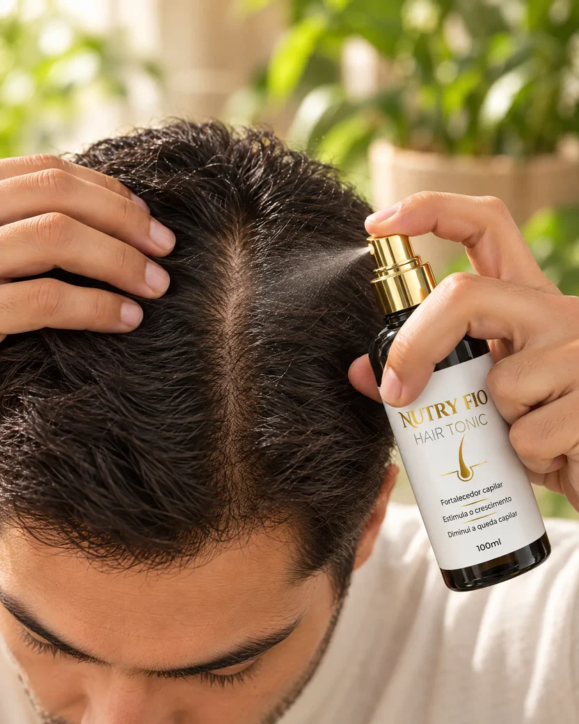 Homem borrifando o NutryFio Hair Tonic em spray diretamente no couro cabeludo, na risca do cabelo