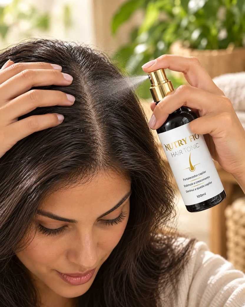 Mulher borrifando o NutryFio Hair Tonic em spray diretamente no couro cabeludo, na risca do cabelo