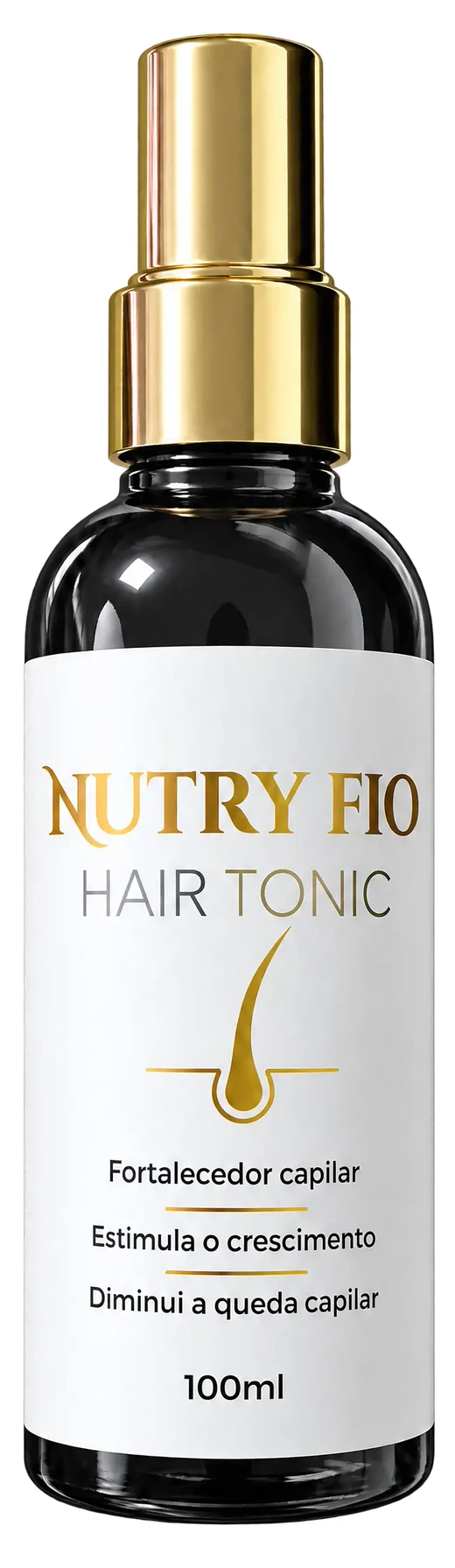 Frasco spray do NutryFio Hair Tonic, de 100 ml, com válvula dourada